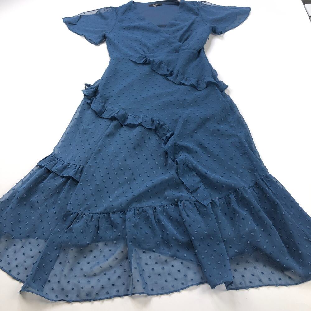 Lulus Medium A-Line Tiered Layered Sheer Polka Dot Midi Dress Blue